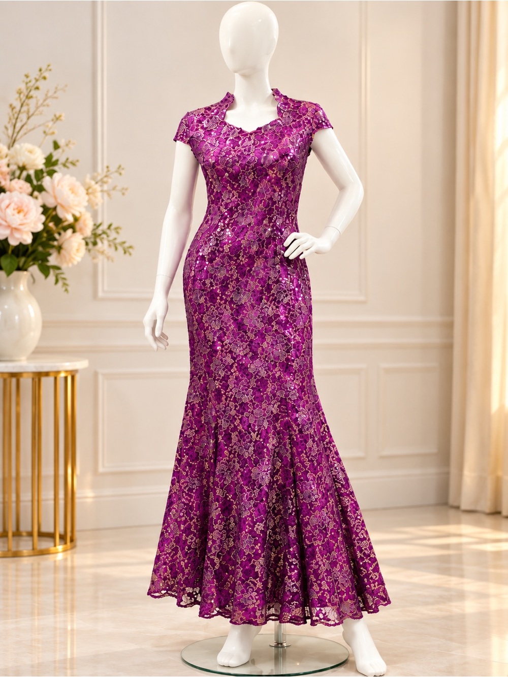 Purple Gold Sequin Qipao Cheongsam Mermaid Evening Gown Asian XL